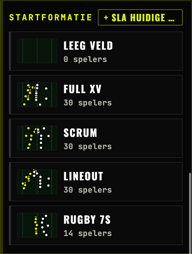 Het startformatie-menu van ShockX Playmaker met presets voor Leeg veld, Full XV, Scrum, Lineout en Rugby 7s